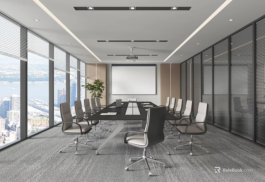Modern Conference Room Interior With Large Windows City View Long Table Chairs And Projector Screen 3d model 