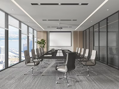 Modern Conference Room Interior With Large Windows City View Long Table Chairs And Projector Screen 3d model