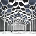 Geometric Roof Glass Wall Structure With Supporting Columns And Long Corridor Design