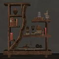 Rustic Wooden Decorative Cabinet With Shelves Holding Vases Books Statues And Potted Plant