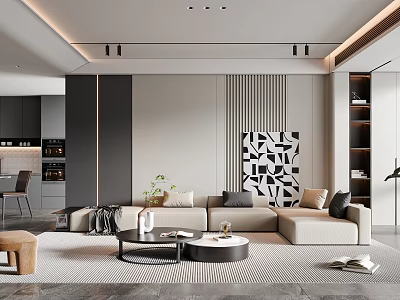 Modern Living and Dining Room Interior With Beige Sofa Geometric Artwork Coffee Table And Lighting 3d model