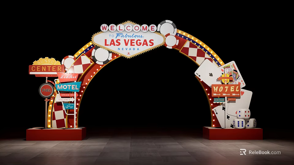 Illuminated Las Vegas Welcome Arch With Playing Cards Dice Motel Signs And Checkered Decorations 3d model 