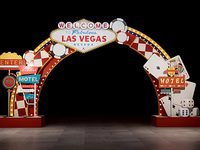 Illuminated Las Vegas Welcome Arch With Playing Cards Dice Motel Signs And Checkered Decorations 3d model