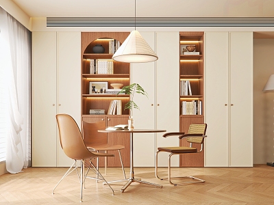 Modern Middle Style Bookcase Book Ornaments Small Round Table Chair Combination Chandelier Curtain Floor Lamp model