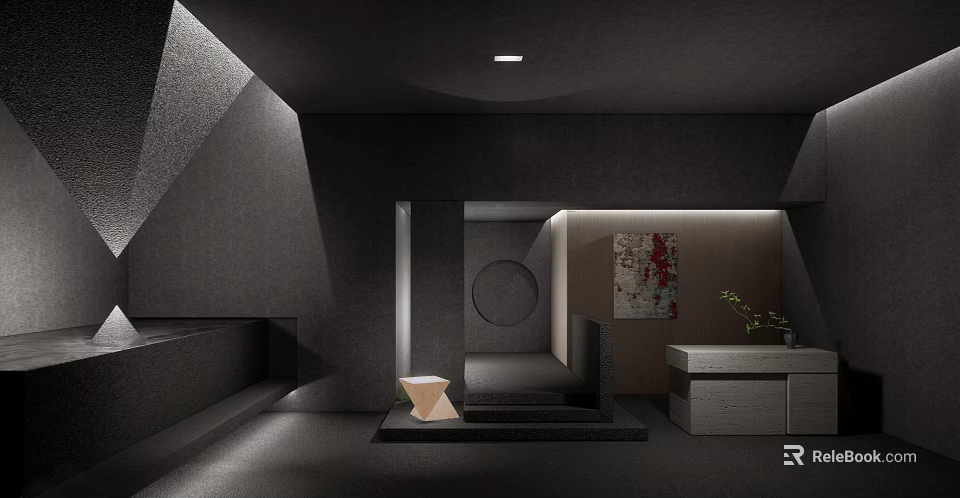 Modern Hotel Lobby Interior With Dark Color Scheme Geometric Decor And Ambient Lighting 3d model 