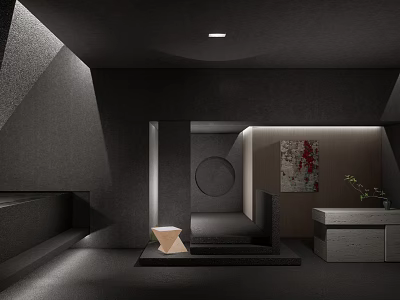 Modern Hotel Lobby Interior With Dark Color Scheme Geometric Decor And Ambient Lighting 3d model