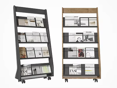 Modern Wheeled Multi tiered Bookshelf With Black Frame And Wooden Shelves 3d model