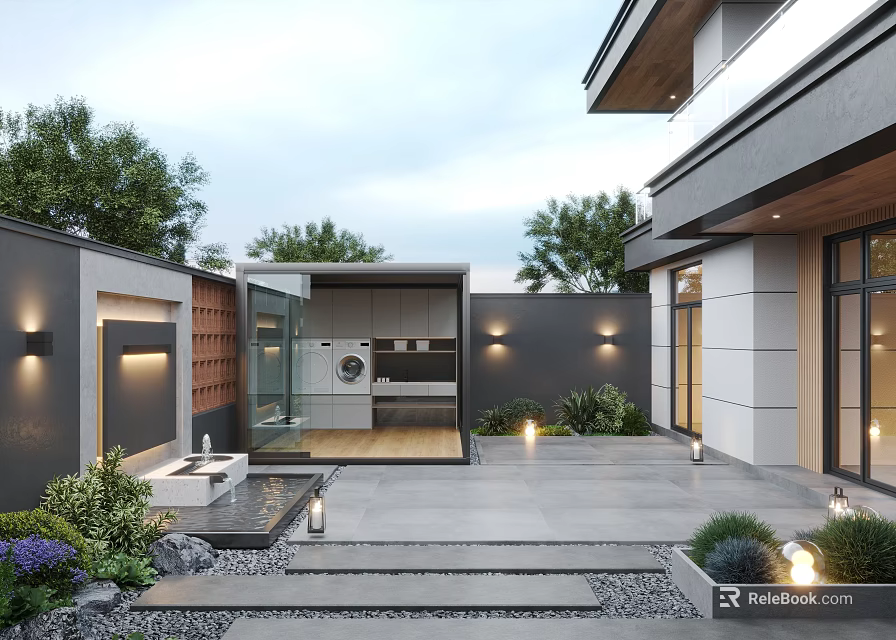 Modern Home Outdoor Garden With Slate Patio Water Feature Plants Steps And Lighting 3d model 