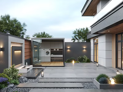 Modern Home Outdoor Garden With Slate Patio Water Feature Plants Steps And Lighting 3d model