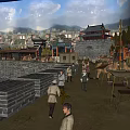Ancient Chinese Commercial Street With Camels Stalls And Traditional Architecture