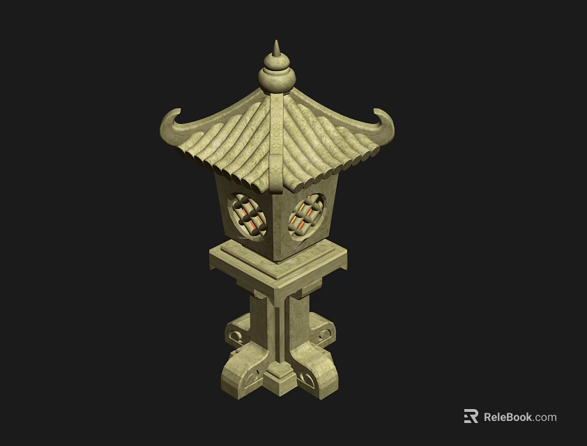 Traditional Oriental Stone Lantern With Pagoda Style Roof And Carved Patterns 3d model 