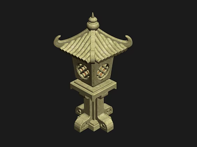 Traditional Oriental Stone Lantern With Pagoda Style Roof And Carved Patterns 3d model
