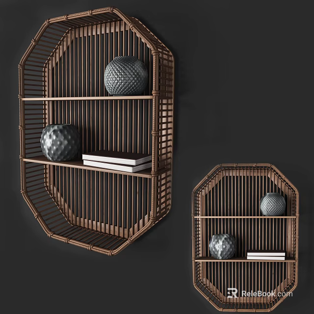 Bamboo Wall Cabinets With Octagonal Design For Decorative Vases And Books 3d model 