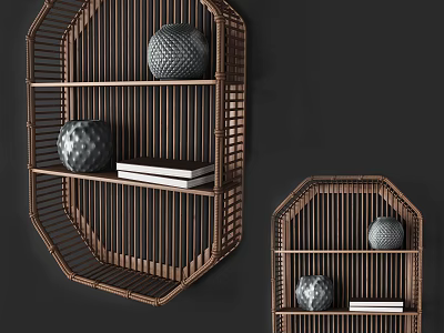 Bamboo Wall Cabinets With Octagonal Design For Decorative Vases And Books 3d model