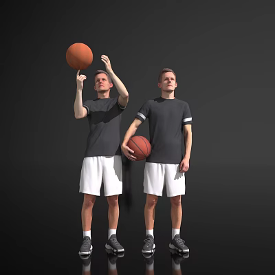 Men Wearing Black T Shirts And White Shorts With Basketballs 3d model