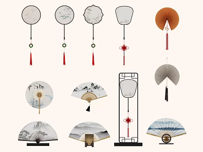 Various Traditional Chinese Fans In Different Styles With Tassels And Patterns 3d model