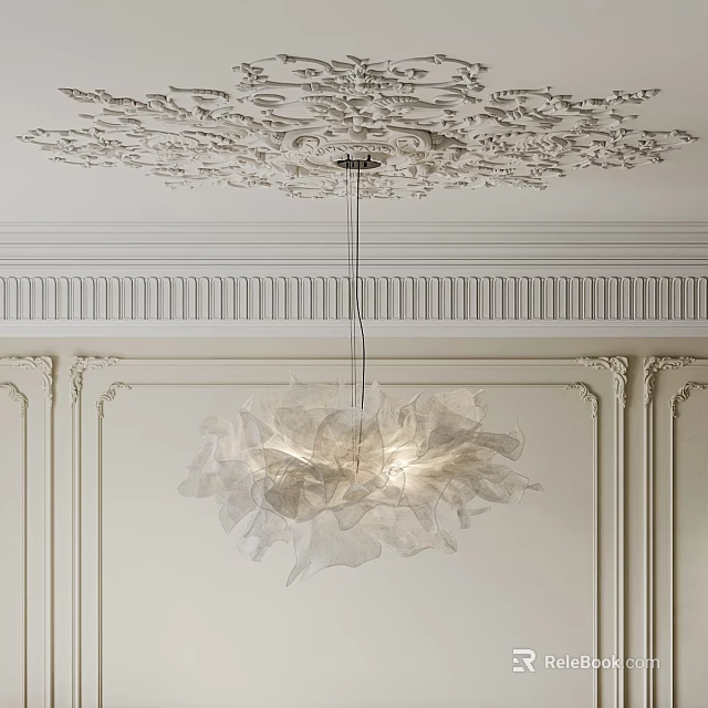 White Petal Shaped Chandelier with Intricate Ceiling Carvings Decorative White Wall Moldings and Soft Lighting 3d model 
