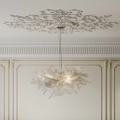White Petal Shaped Chandelier with Intricate Ceiling Carvings Decorative White Wall Moldings and Soft Lighting 3d model