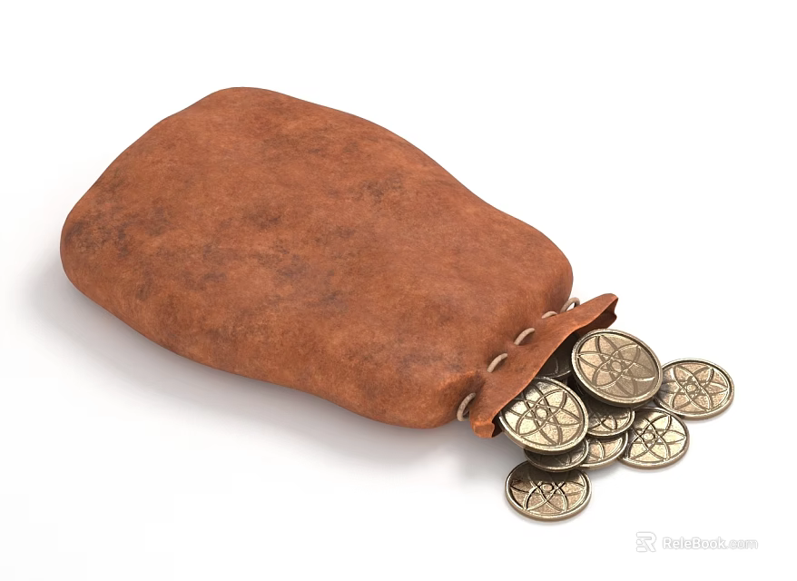 Small Brown Leather Pouch With Spilled Metal Coins On White Background 3d model 