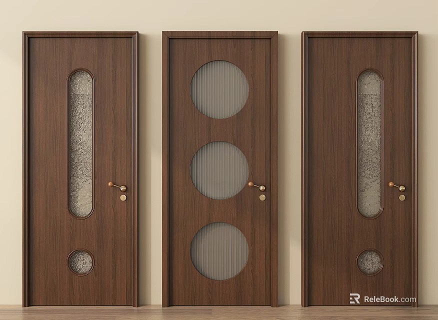 Brown Wooden Hinged Doors Featuring Circular and Rectangular Glass Panels in Modern Home Interior 3d model