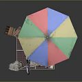 Colorful Umbrella Covered Bicycle Food Stall With Wooden Crates And Trash Bin