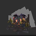 Demon Warrior With Wings And Zombies Standing On Stone Platform With Flaming Background
