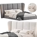 Modern Double Bed With Upholstered Headboard Beige Gray Bedding Pillows And Throw Blanket 3d model