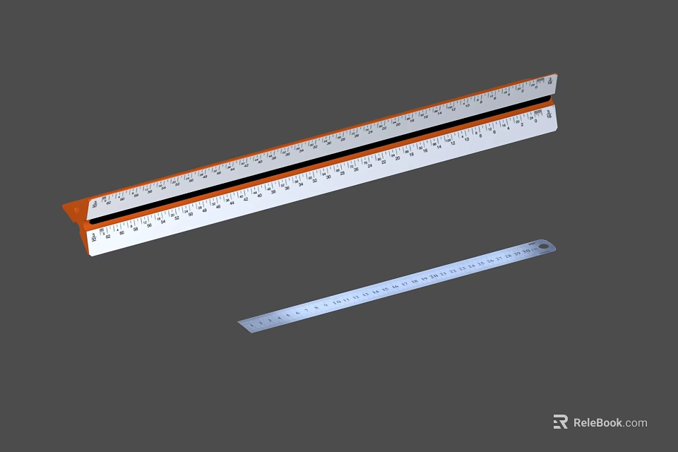Large Ruler With Orange Edge And Small Silver Measuring Tool With Marked Measurements 3d model 
