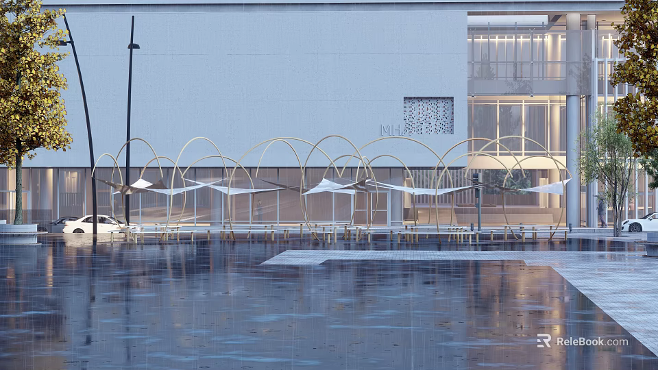 Modern Golden Arched Pergola With White Canopy Over Pool Reflections And Building 3d model 