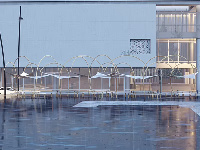 Modern Golden Arched Pergola With White Canopy Over Pool Reflections And Building 3d model
