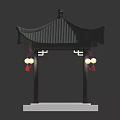 Chinese Traditional Pavilion With Black Curved Roof Hanging Red Tassel Lanterns And Stone Base