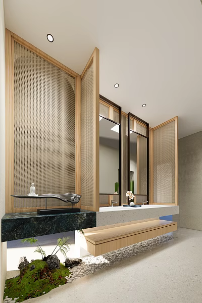 Elegant Modern Public Toilet Interior Design With Marble Washbasin Mirrors And Wooden Partitions 3d model