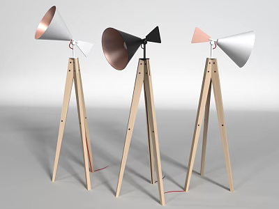 Modern Floor Lamps with Wooden Tripod Base and Conical Shades in Copper Black and Silver 3d model