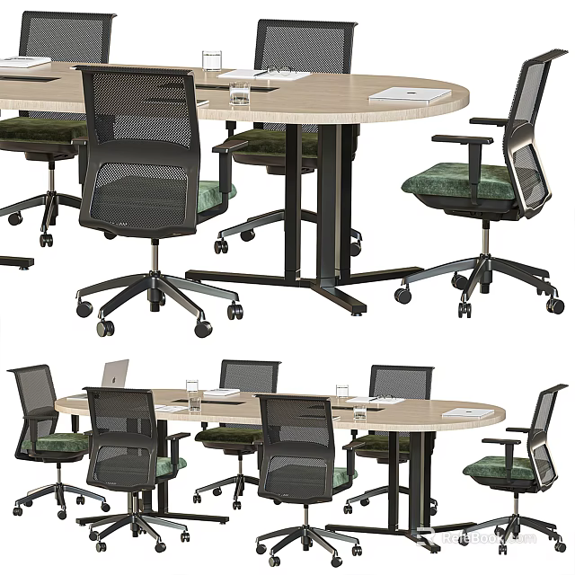 Round Office Desk Setup With Mesh Rolling Chairs And Laptop Documents On Surface 3d model