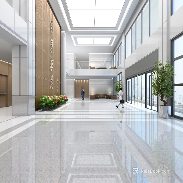 Modern Office Lobby Reception Desk With Marble Wall Green Plants Glass Doors And Bright Lighting 3d model 