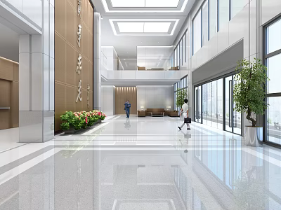 Modern Office Lobby Reception Desk With Marble Wall Green Plants Glass Doors And Bright Lighting 3d model