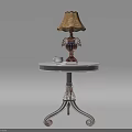 Stylish Side Table With Round Top Metal Base Decorative Lamp And Small Cup 3d model