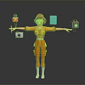Red Haired Character With Extended Arms Orange Jumpsuit Microphone Camera Green Square Purple Device
