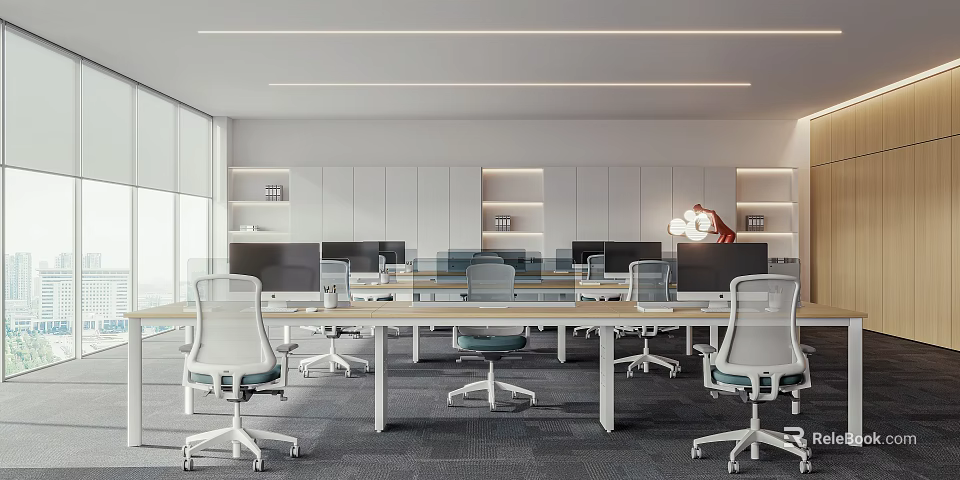 Public Office Space Open Layout With Long Desks Ergonomic Chairs And Computers 3d model