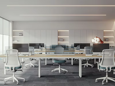 Public Office Space Open Layout With Long Desks Ergonomic Chairs And Computers 3d model