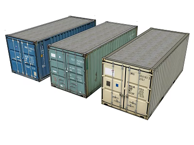 Three Different Colored Shipping Containers For Industrial Storage And Transportation Equipment 3d model