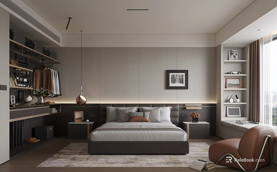 Modern Bedroom Interior Featuring Comfortable Bed Pillows Nightstands Framed Art Walk in Closet And Rug 3d model 