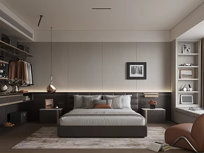 Modern Bedroom Interior Featuring Comfortable Bed Pillows Nightstands Framed Art Walk in Closet And Rug 3d model