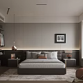 Modern Bedroom Interior Featuring Comfortable Bed Pillows Nightstands Framed Art Walk in Closet And Rug