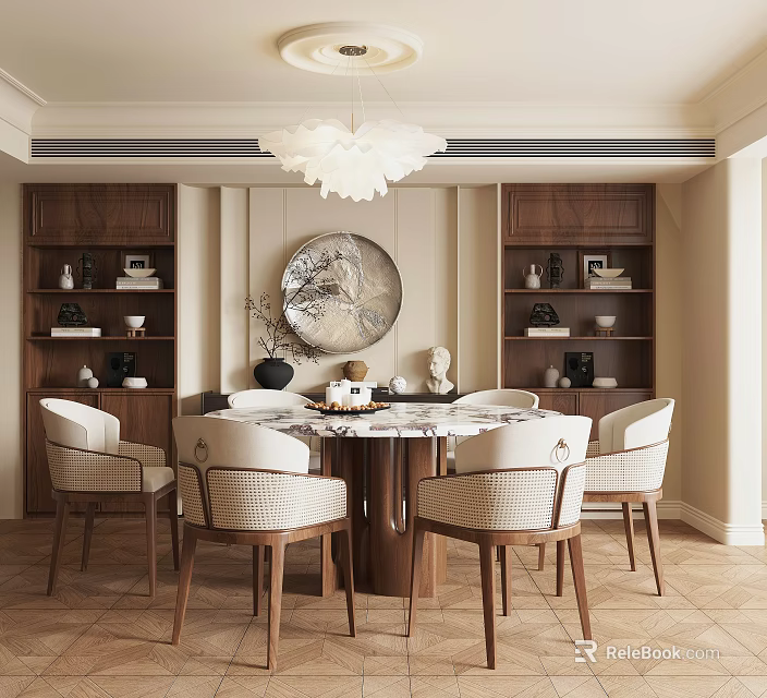Modern Luxury Restaurant Interior With Round Marble Dining Table Beige Chairs Wooden Bookshelves And Chandelier 3d model 