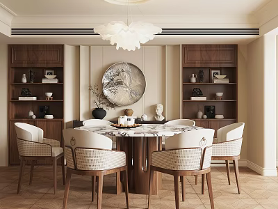 Modern Luxury Restaurant Interior With Round Marble Dining Table Beige Chairs Wooden Bookshelves And Chandelier 3d model
