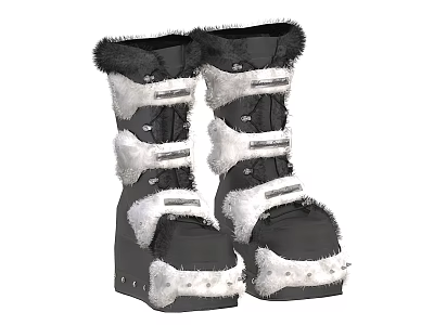 Black and White Tall Stylish Boots with Fur Trim and Decorative Straps Design 3d model