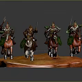 Game Movie Characters Knights With Green Headscarves Armor Weapons And Colored Horses On Orange Base