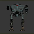 Detailed Weathered Teal Robot Mech Featuring Red Sensor Mechanical Limbs Standing On Gray Background