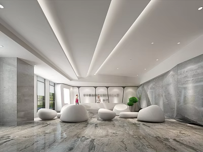 Modern Reception Lobby With Marble Floor White Sofas Green Plants And Minimalist Design 3d model